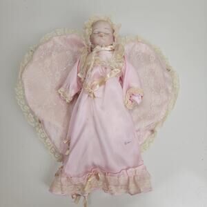 VTG Porcelain Newborn Laying on Pink Lacey Heart Padded Blanket Sleeping Doll